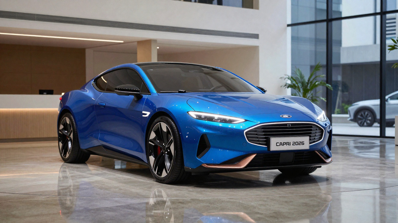 Carro esportivo azul Ford Capri 2026 em ambiente interno moderno, refletindo no piso polido.