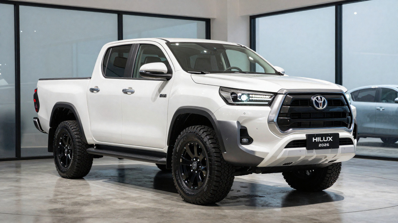 Picape Toyota Hilux 2026 branca estacionada em showroom com janelas grandes ao fundo.