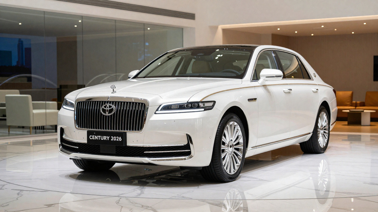 Carro de luxo branco Toyota Century 2026 exibido em ambiente interno moderno com piso de mármore.