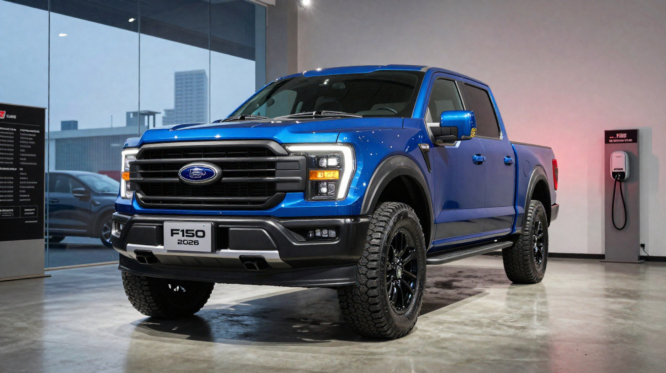 Picape Ford F-150 2026 azul em showroom com piso de concreto e parede branca.