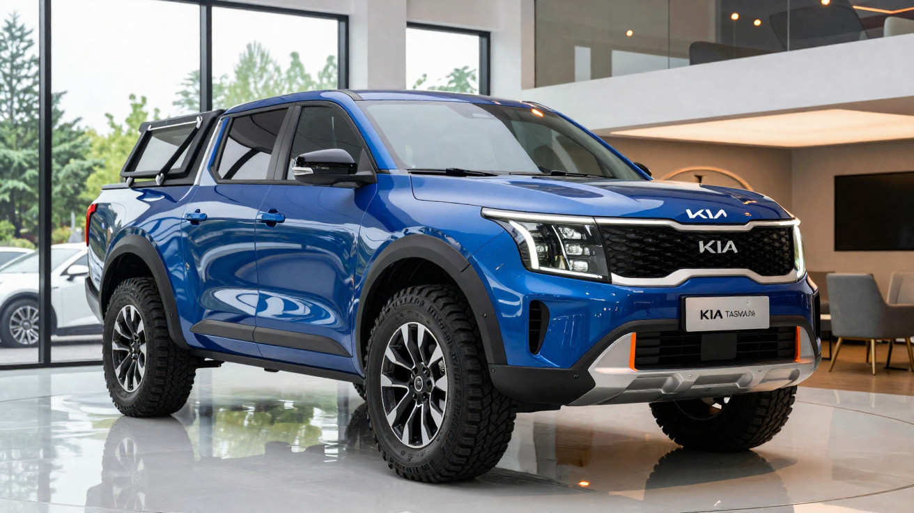 Picape Kia Tasman azul exibida em showroom moderno com design robusto e pneus off-road.