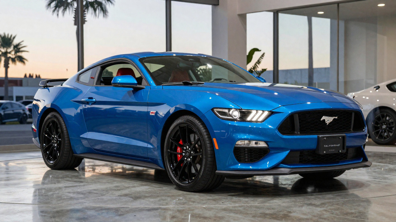 Carro esportivo Ford Mustang azul estacionado em piso de mármore dentro de showroom moderno.