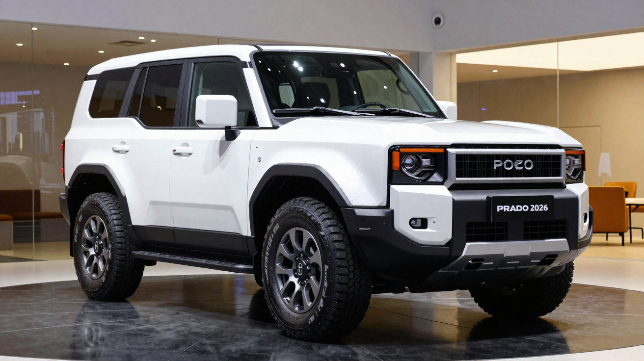 SUV branco POCO Prado 2026 exibido em ambiente interno moderno com banco e parede de vidro ao fundo.