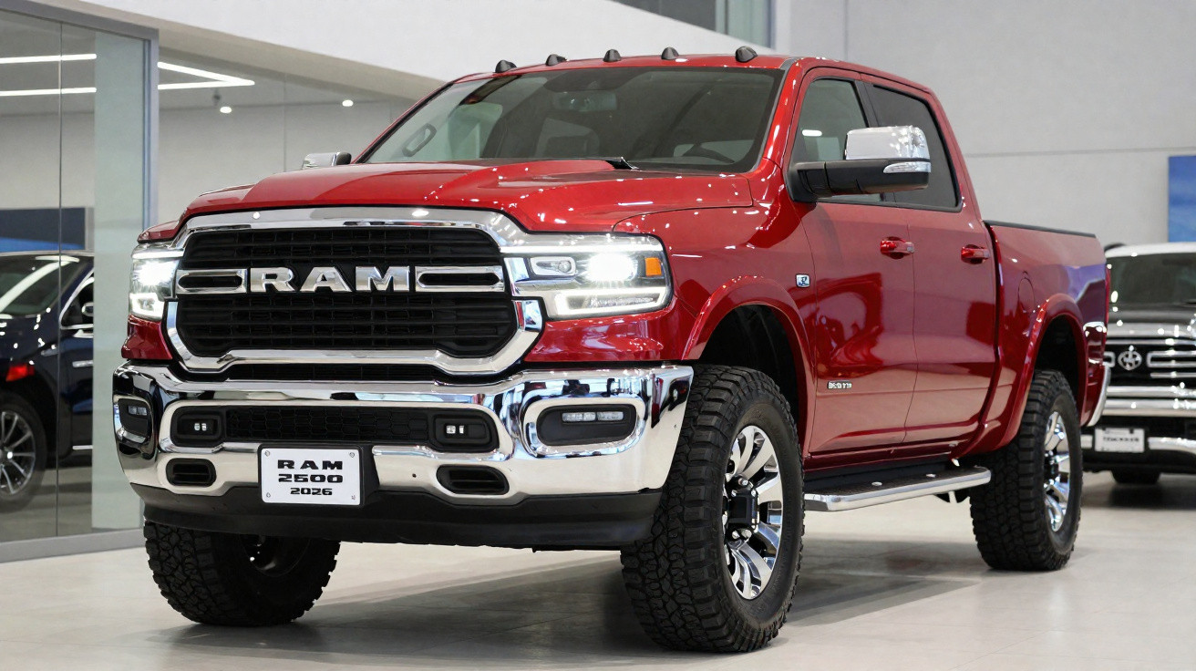 Picape vermelha RAM 2500 2026 estacionada em showroom moderno com faróis acesos.