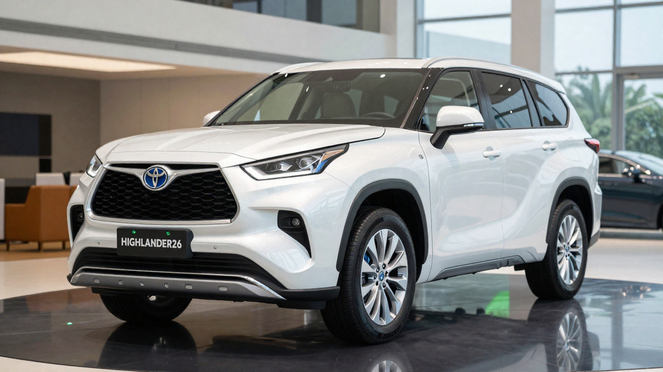 Carro SUV branco Toyota Highlander exibido em showroom moderno com grandes janelas.