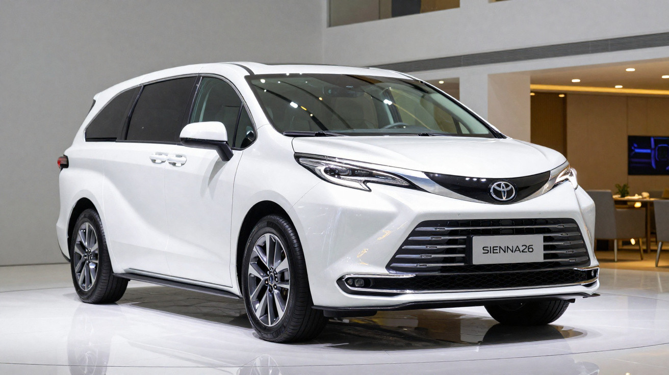 Minivan branca Toyota Sienna 2026 exibida em ambiente interno moderno e iluminado.
