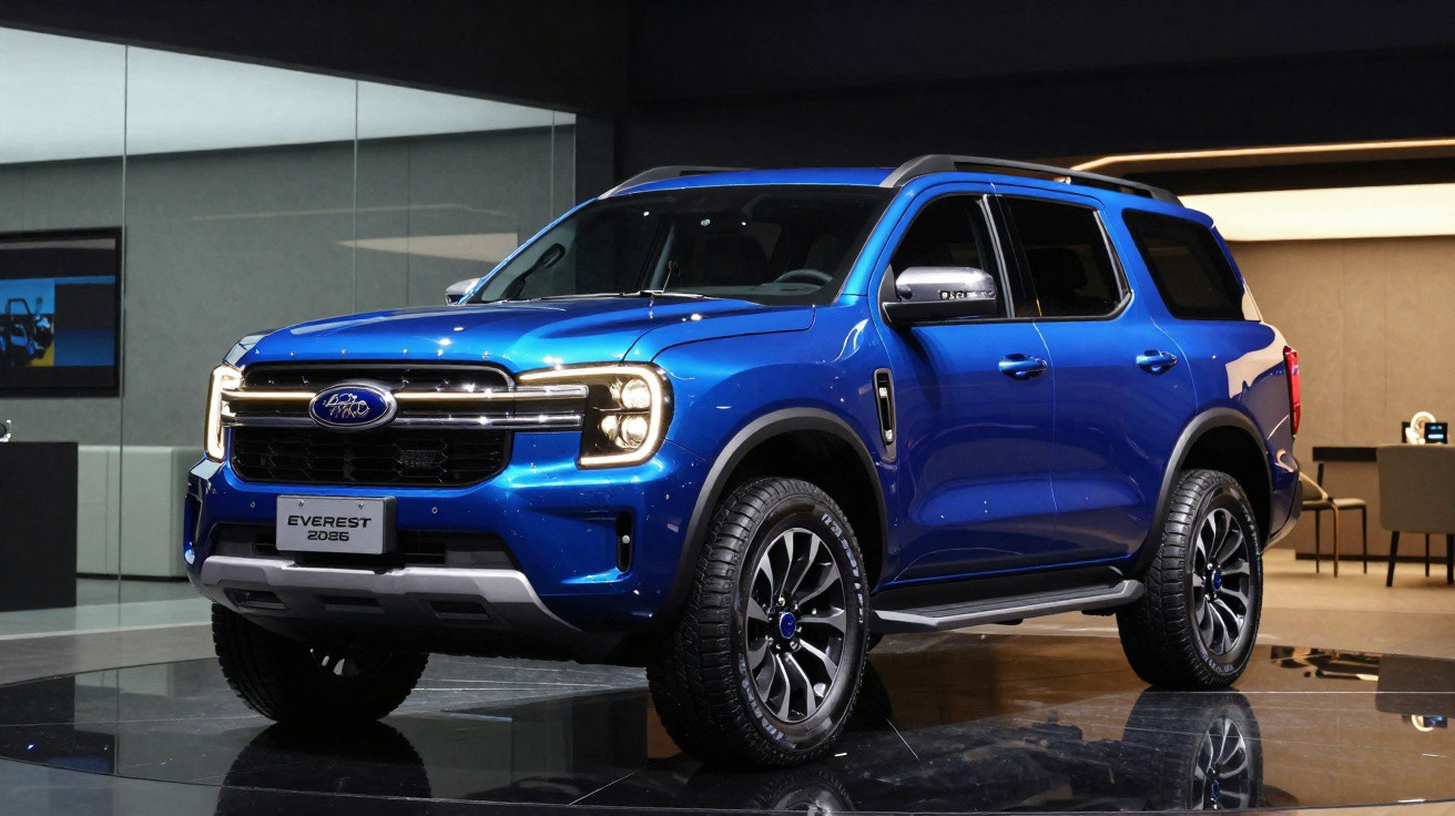 SUV azul Ford Everest 2023 exibido em ambiente interno com piso refletivo e iluminação suave.