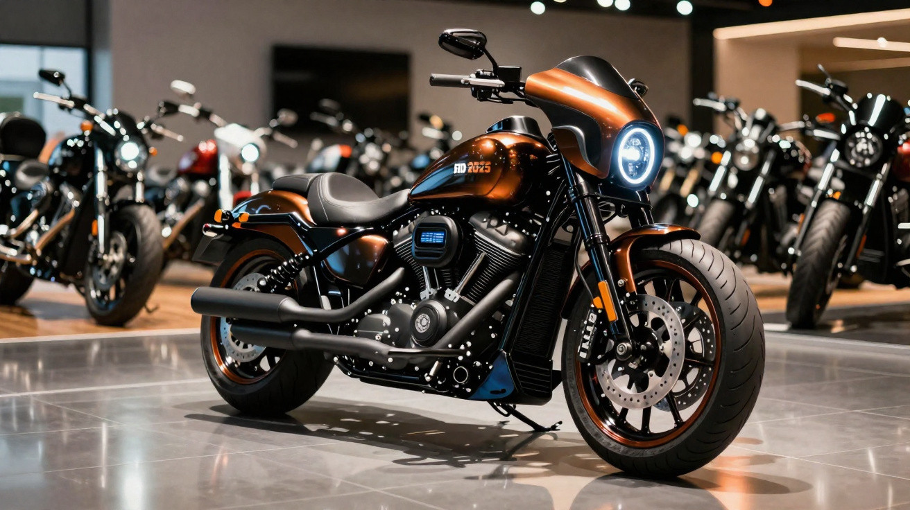 Motocicleta preta e laranja exposta em showroom com outras motos ao fundo.