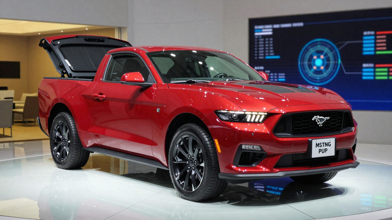 Picape esportiva vermelha Ford Mustang com porta-malas aberto exposta em salão automotivo.