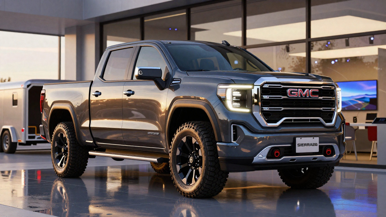 Picape GMC Sierra 2023 cinza estacionada em frente a prédio com vidro espelhado refletindo o veículo.