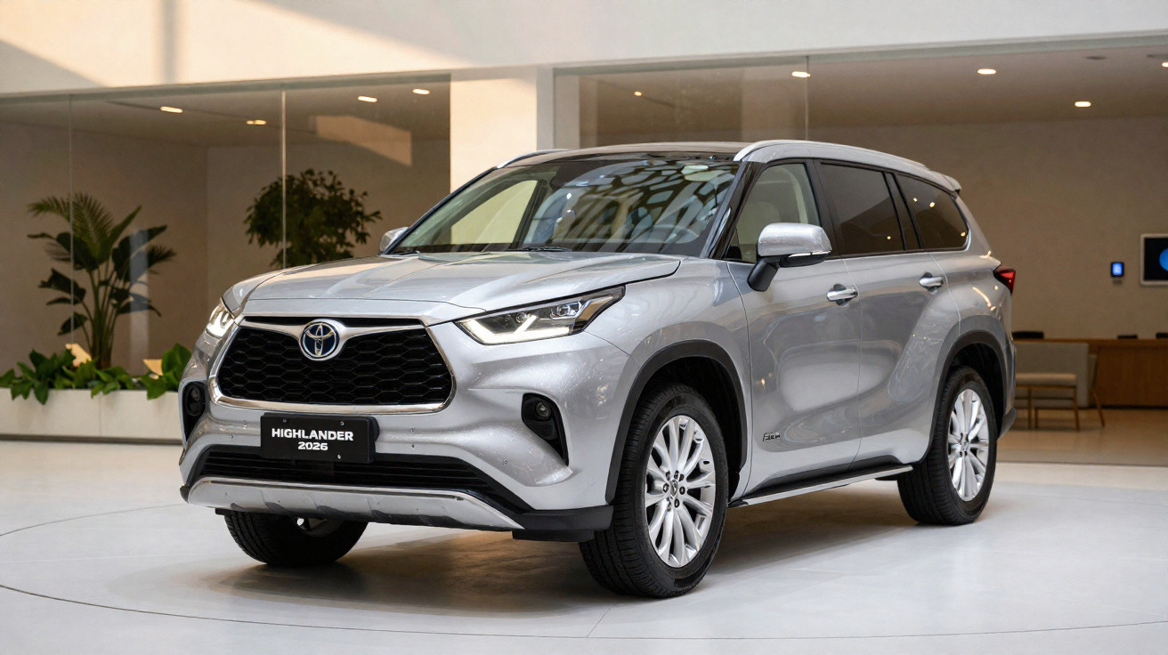 SUV Toyota Highlander prata, modelo 2026, exibido em ambiente interno moderno e iluminado.