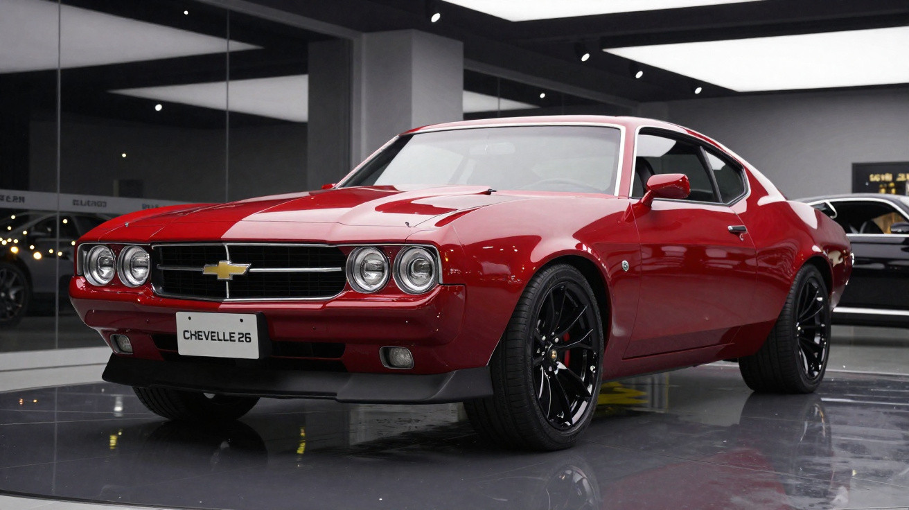 Carro esportivo clássico vermelho Chevrolet Chevelle 26 exibido em showroom moderno, vista frontal lateral.