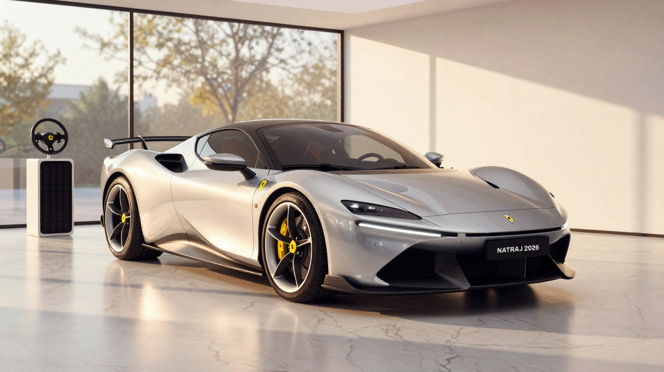 Carro esportivo Ferrari prata Natraj 2026 em showroom moderno com volante exposto ao lado.