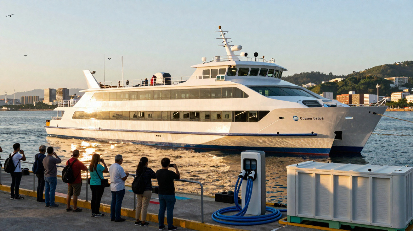Grupo de pessoas observa ferry branco ancorado próximo a cais ao entardecer.