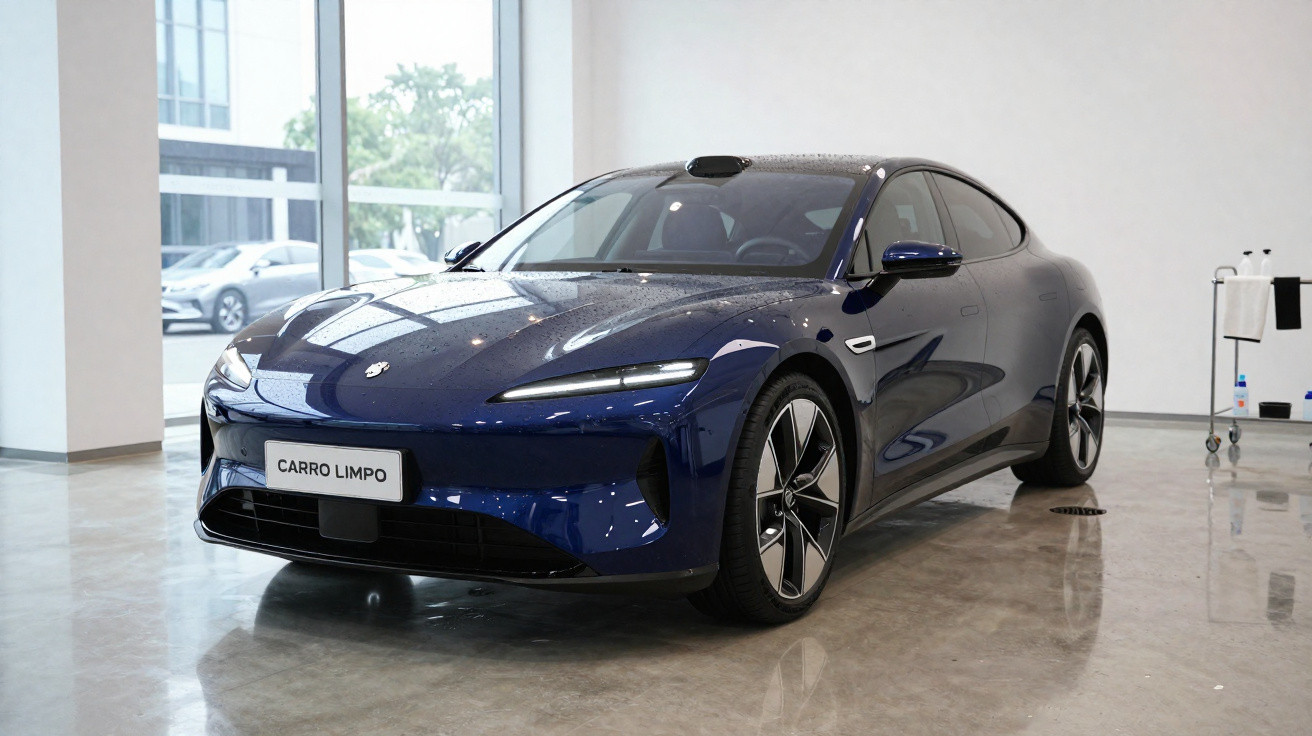 Carro esportivo azul escuro estacionado em showroom com piso de concreto polished.