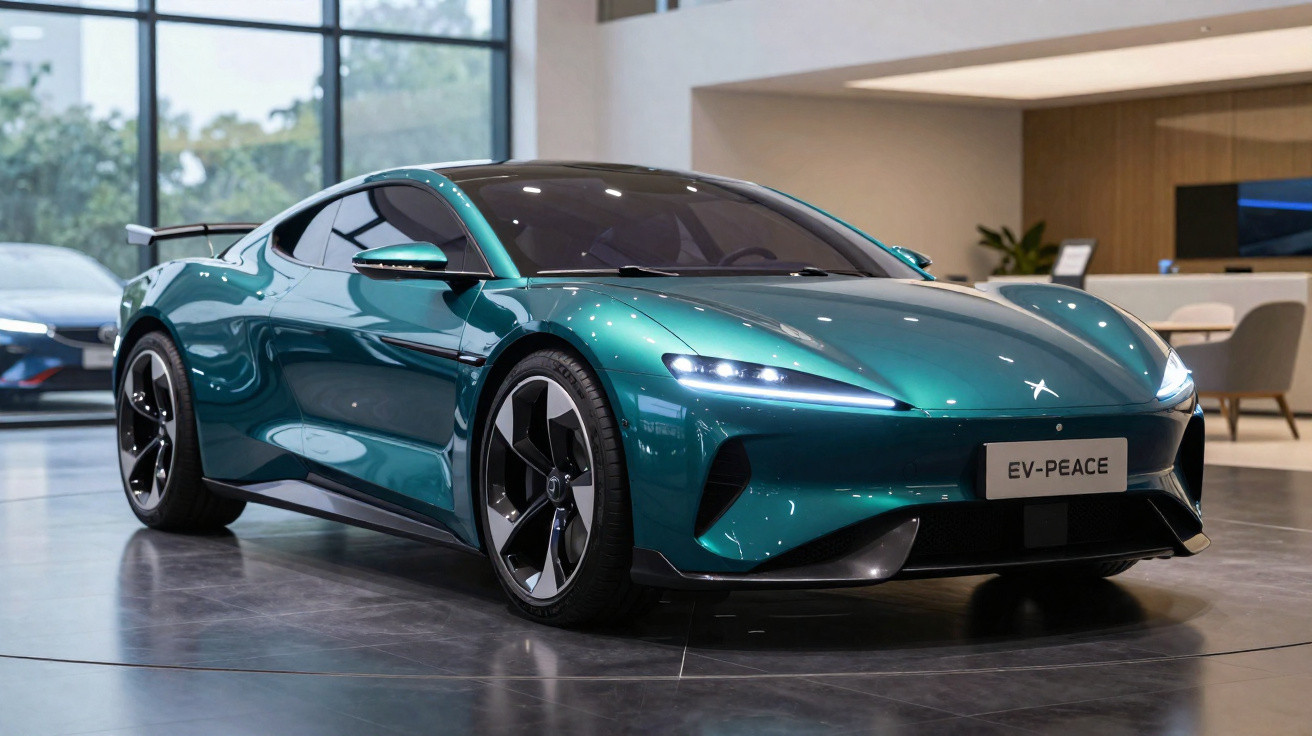 Carro esportivo elétrico verde metálico em exposição interna, com luzes dianteiras acesas e design aerodinâmico.