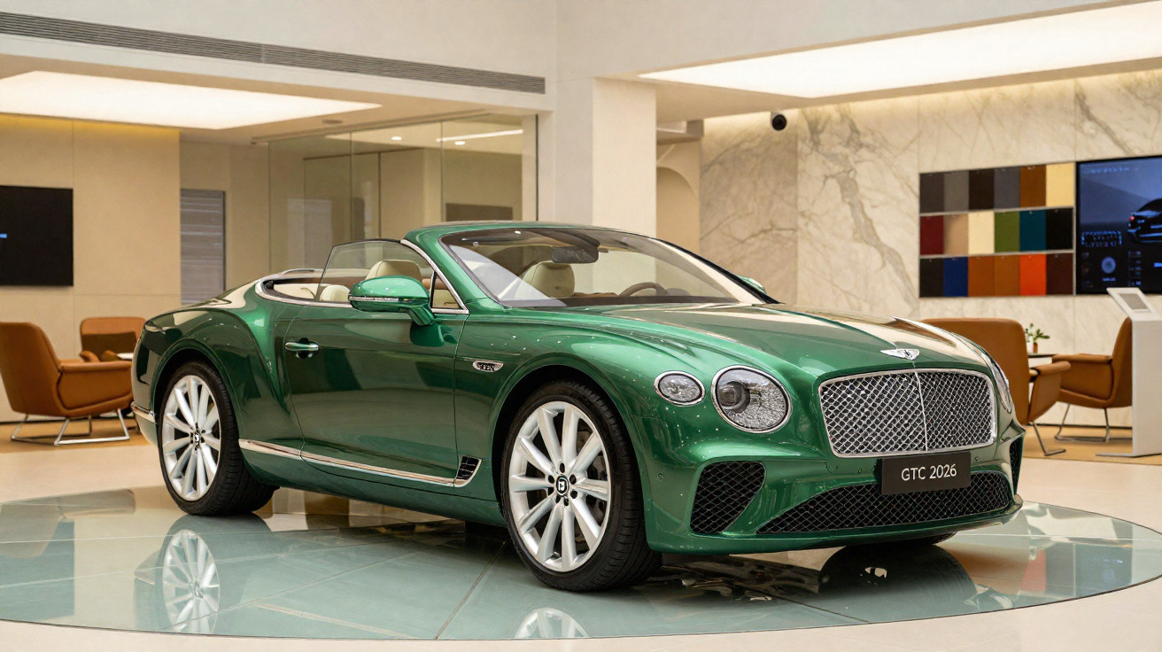 Carro conversível esportivo verde Bentley GTC 2026 exibido em showroom moderno e elegante.
