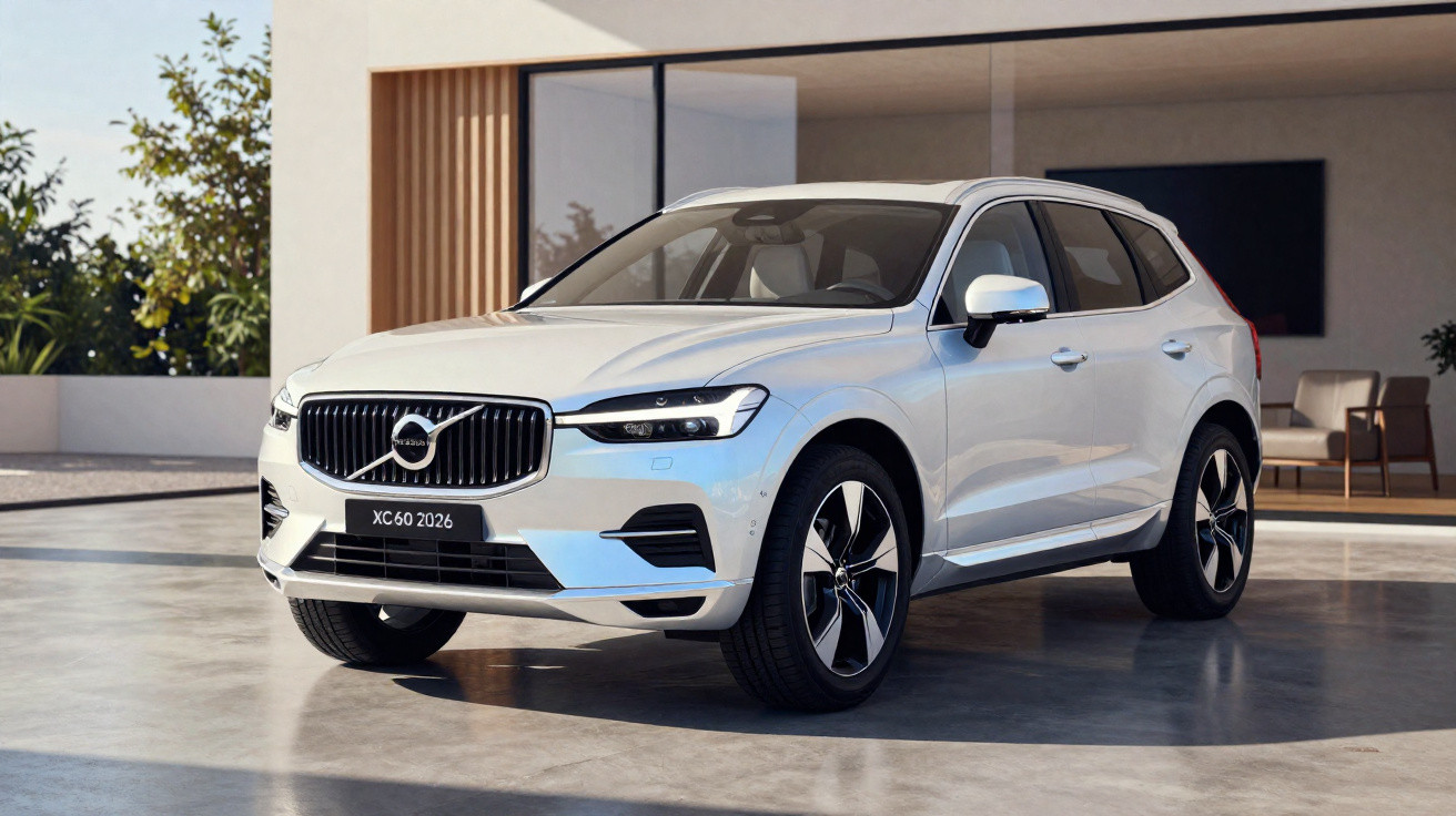SUV branco Volvo XC60 2026 estacionado em garagem moderna com paredes claras e plantas decorativas.