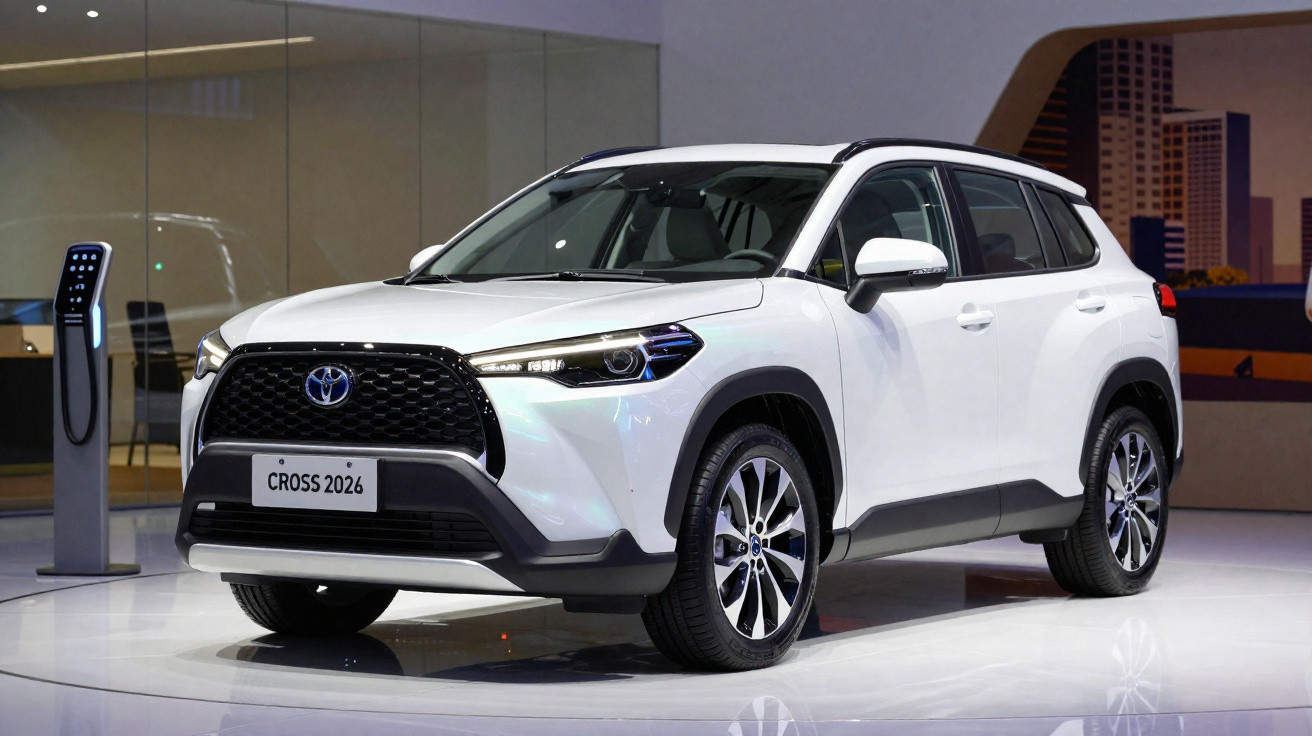 Carro SUV branco Toyota Cross 2026 exibido em sala de exposição moderna com carregador elétrico ao lado.