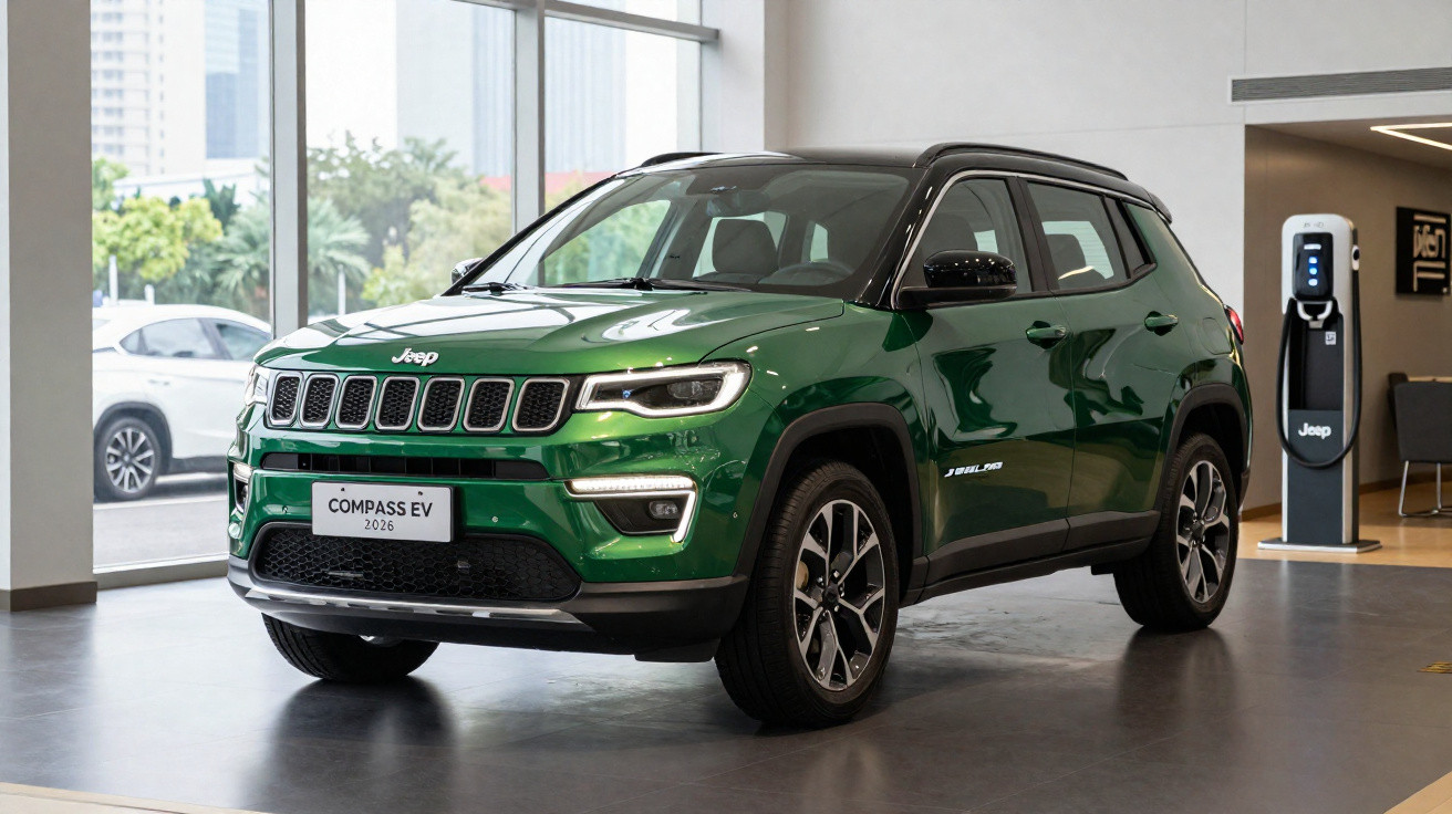 SUV Jeep Compass EV verde 2026 em showroom ao lado de estação de carregamento elétrica.