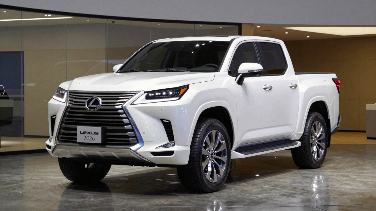 Picape Lexus 2026 branca em exposição interna com design moderno e faróis de LED.