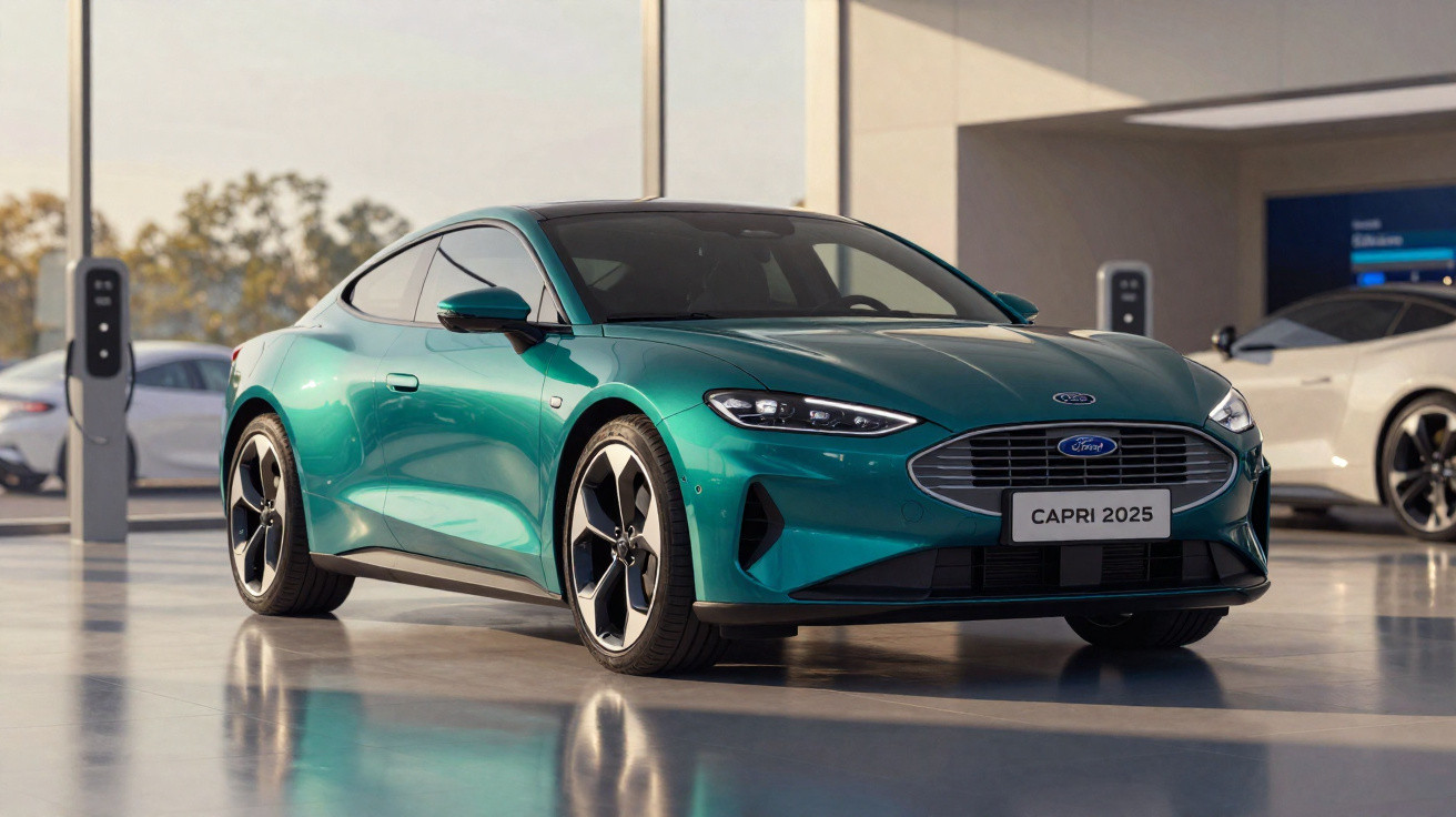 Carro esportivo elétrico verde Ford Capri 2025 estacionado em showroom moderno com carros ao fundo.