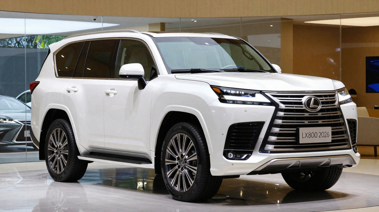SUV branco Lexus LX600 2026 em showroom com design moderno e grade frontal imponente