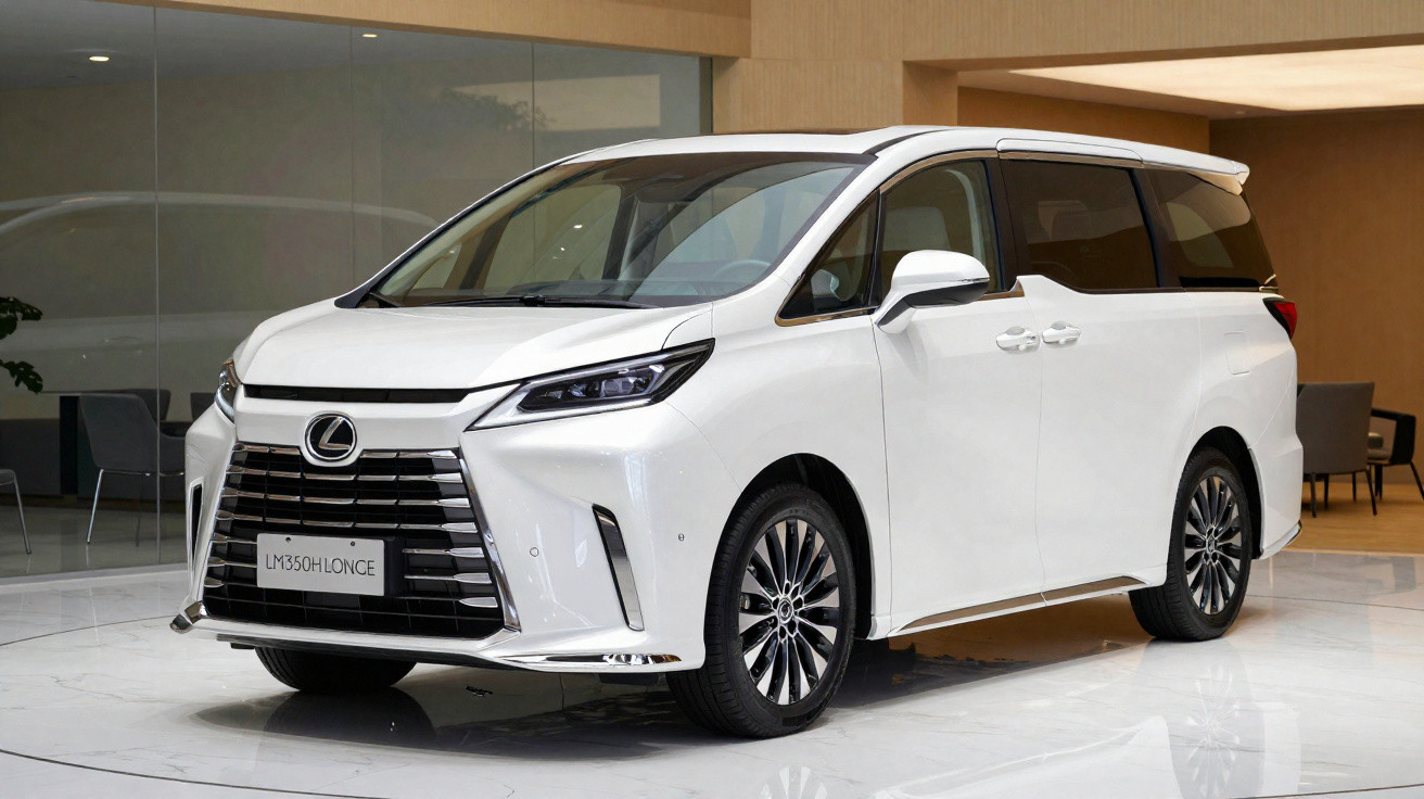 Carro branco Lexus LM 350h LONCE em ambiente interno moderno, com rodas pretas e detalhes cromados.