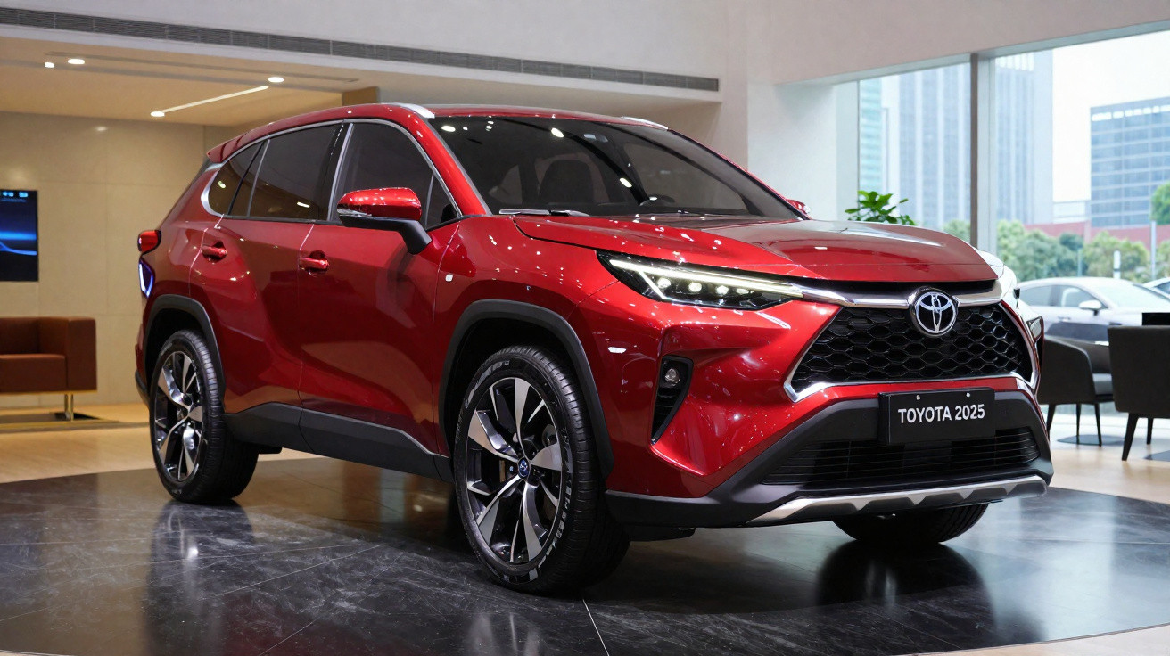 SUV Toyota 2025 vermelho em exposição dentro de showroom moderno com vidraças ao fundo.