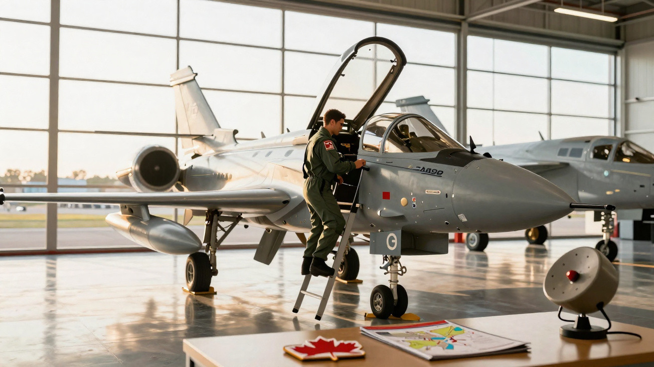 Piloto militar sobe escada para entrar em caça estacionado dentro de hangar de vidro iluminado pelo sol.