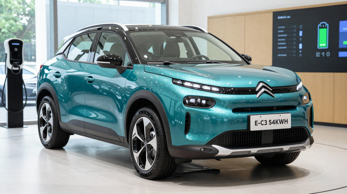 Carro elétrico Citroën E-C3 azul exposto em showroom com estação de recarga ao fundo.