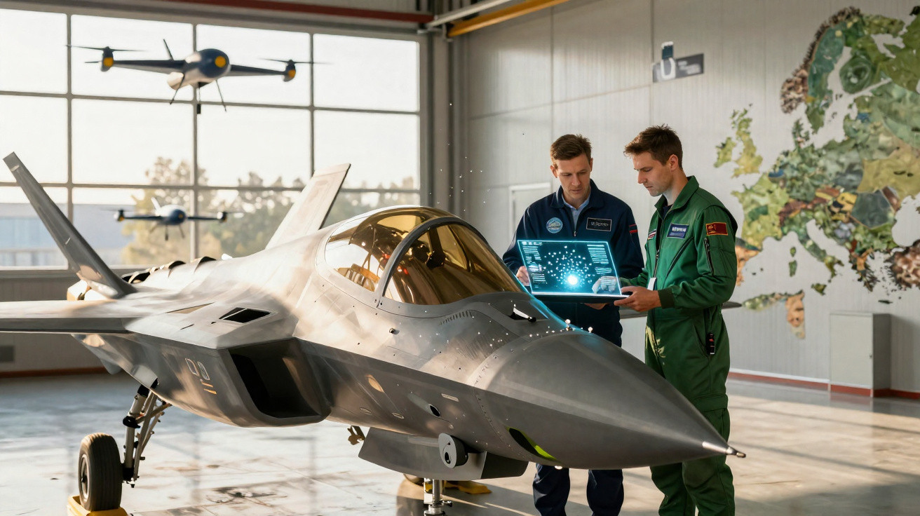 Dois pilotos analisam dados em computador portátil ao lado de caça furtivo em hangar.