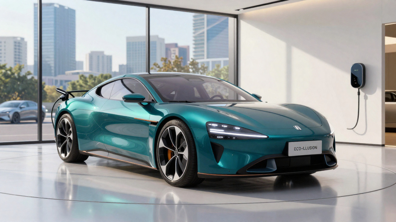 Carro esportivo elétrico verde azul metálico em showroom moderno com carregador na parede e cidade ao fundo.