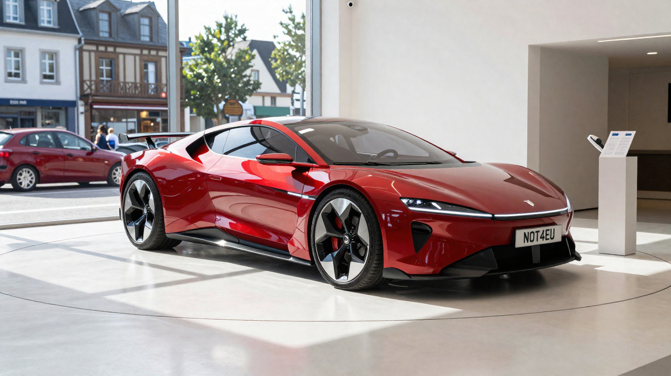 Carro esportivo vermelho brilhante com design moderno exposto em showroom com fundo urbano.