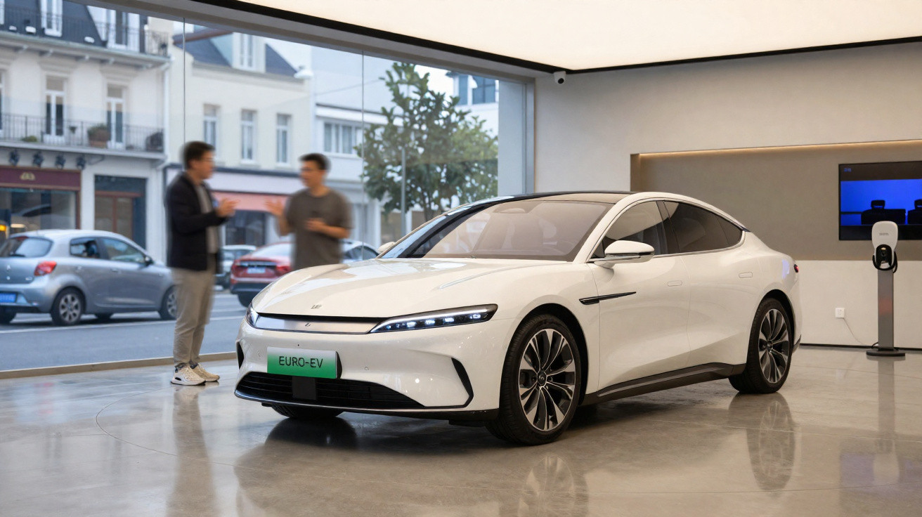 Carro elétrico branco em exposição dentro de showroom com duas pessoas ao fundo conversando.