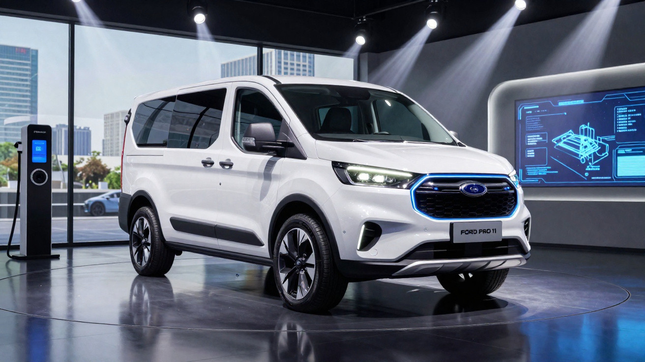 Van elétrica branca Ford Pro 11 exposta em ambiente interno moderno com carregador ao lado.
