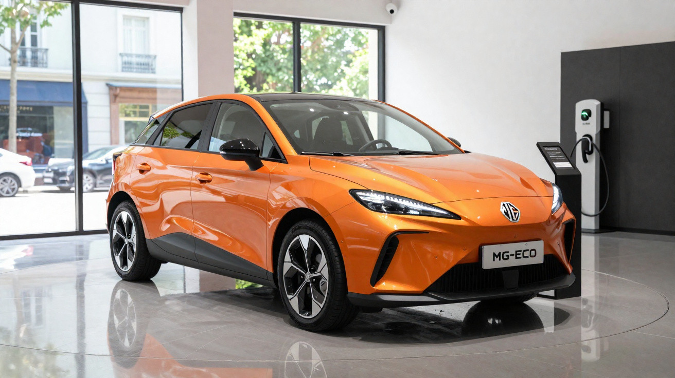 Carro elétrico laranja MG-ECO em exposição interna próxima a carregador veicular.