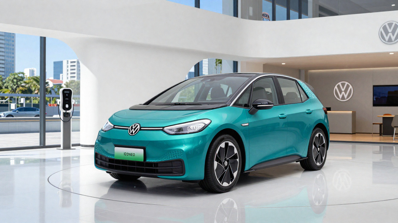 Carro elétrico Volkswagen ID.3 azul em showroom moderno com carregador elétrico ao lado.