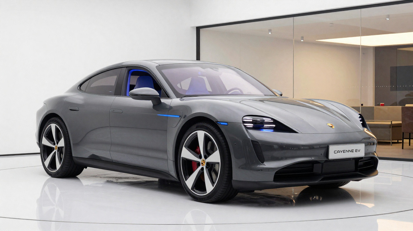 Carro esportivo elétrico Porsche Taycan cinza estacionado em ambiente interno moderno e minimalista.