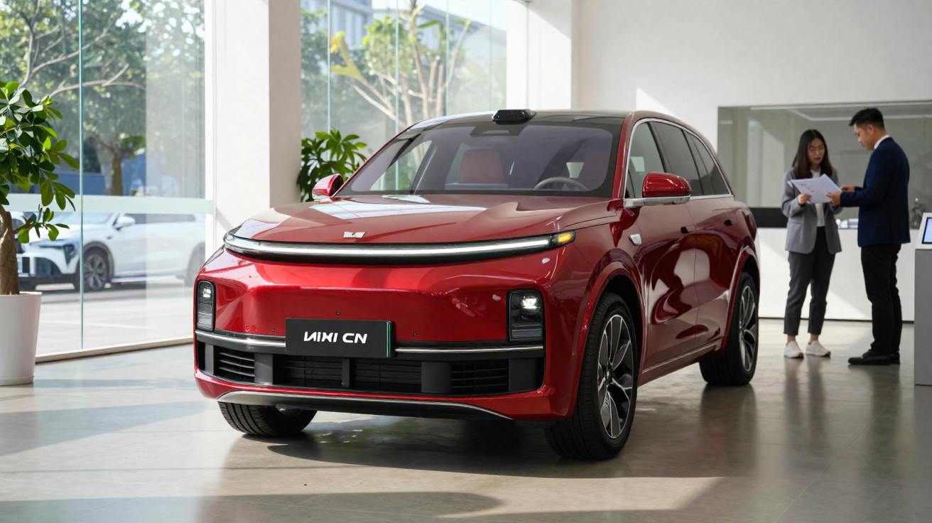 Carro elétrico vermelho VinFast VF8 em showroom moderno com duas pessoas ao fundo.