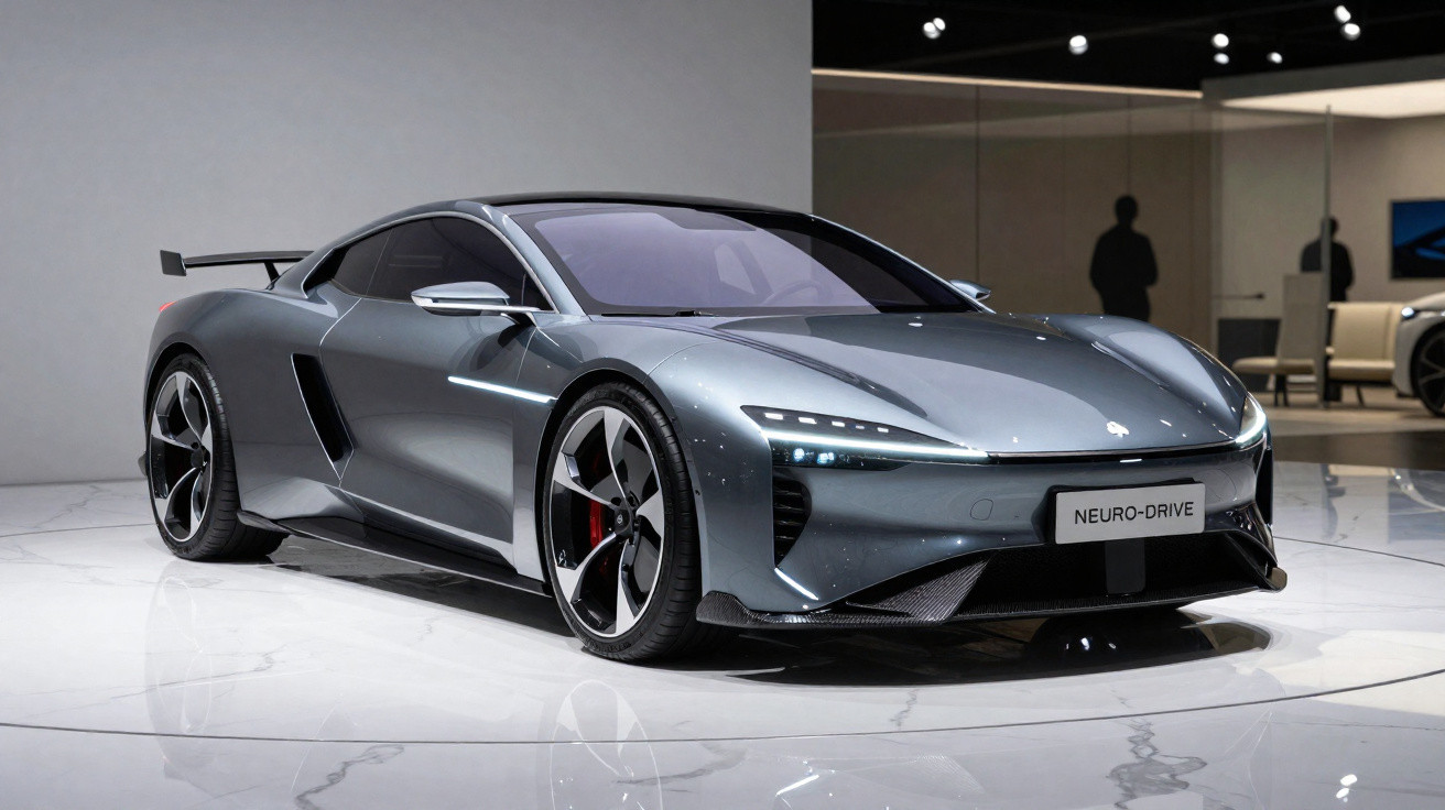 Carro esportivo elétrico cinza metálico com design aerodinâmico e placa escrita Neuro-Drive.
