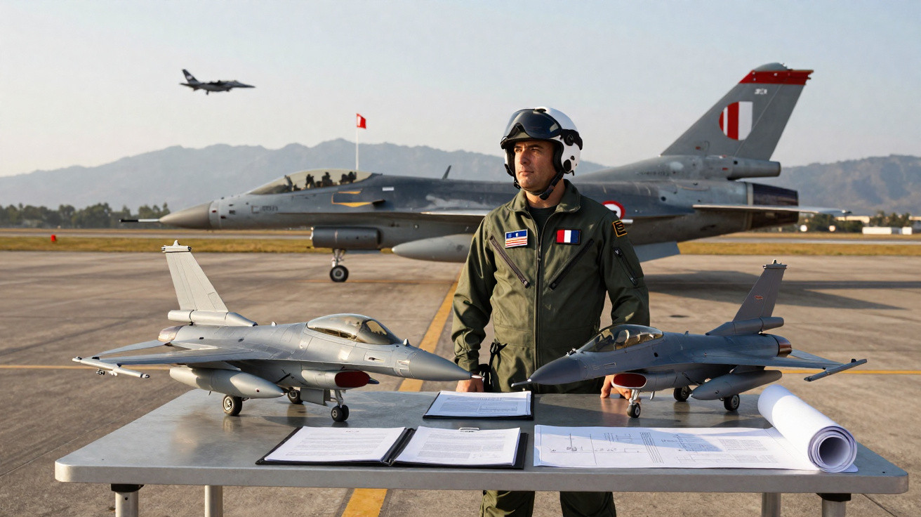 Piloto militar em uniforme ao lado de modelos de caças F-16 sobre mesa, com jato real e outro no céu ao fundo.
