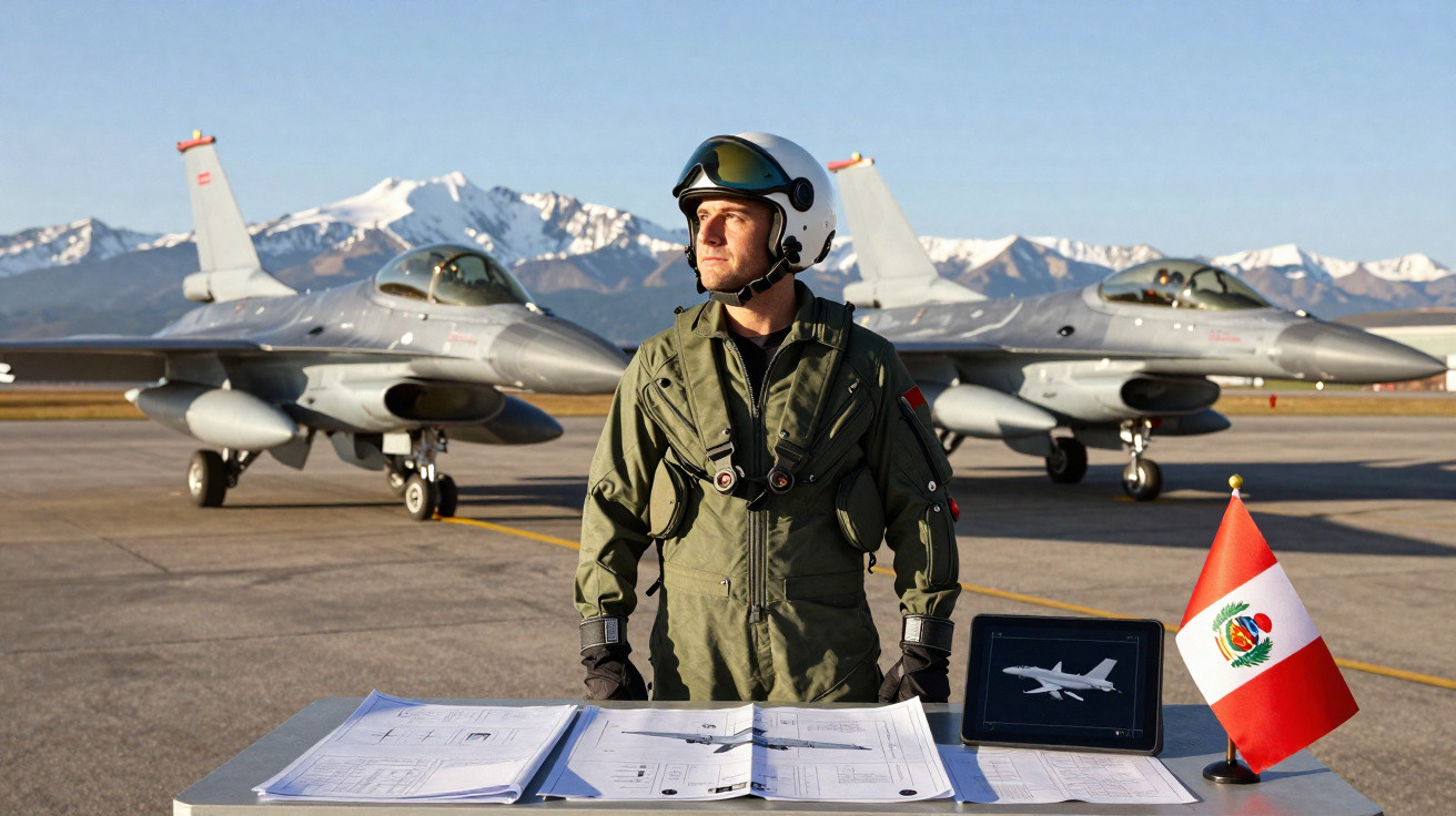 Piloto militar com uniforme verde, capacete e mapas à mesa, com dois caças F-16 ao fundo e montanhas nevadas.