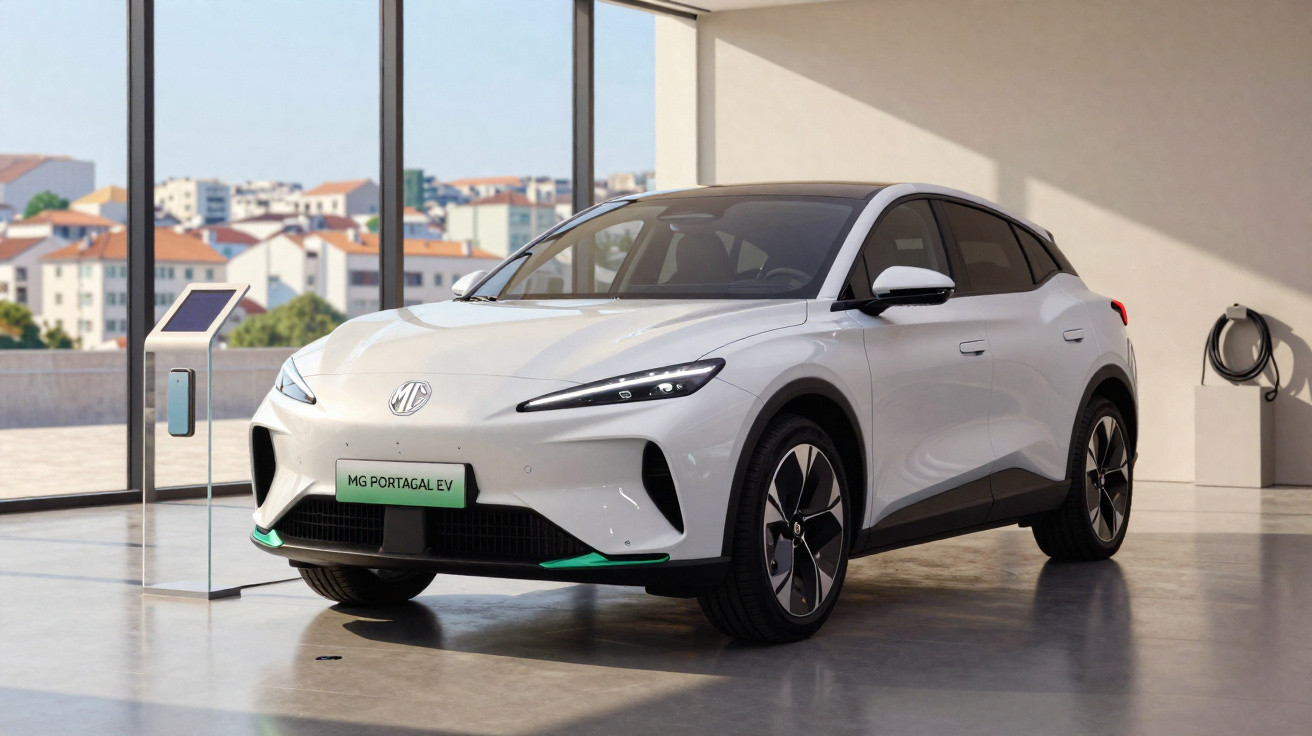 Carro elétrico branco MG Portugal EV em exposição em ambiente interno com parede branca e janela grande.