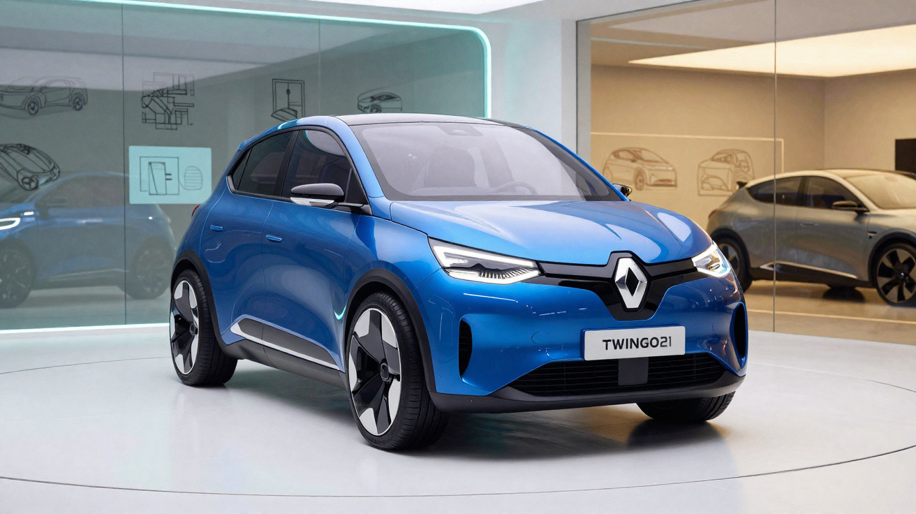 Carro elétrico Renault Twingo 2021 azul em exposição em showroom moderno.