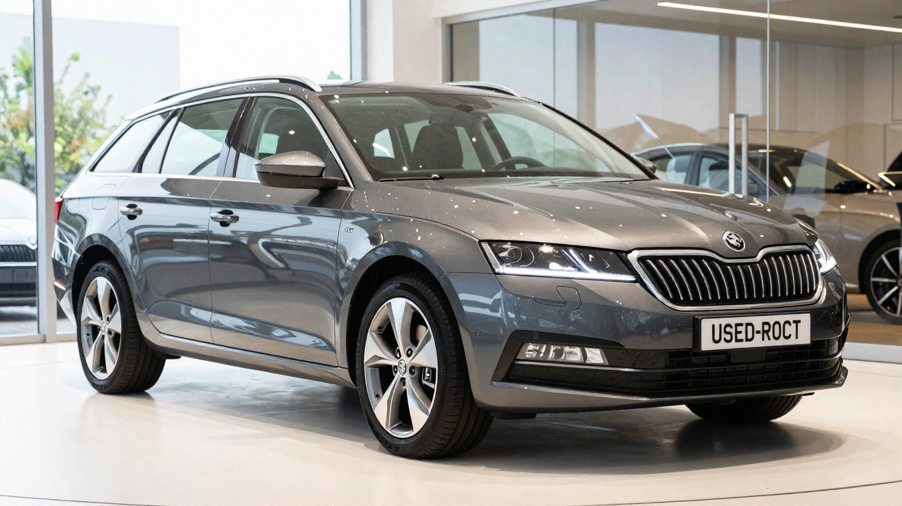 Carro cinza estilo perua exibido em showroom moderno com piso branco e paredes de vidro.