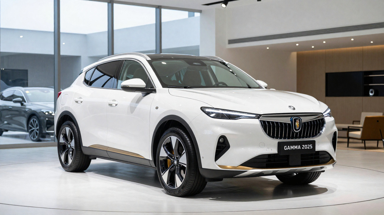 Carro SUV branco modelo Gamma 2025 exposto em showroom moderno e iluminado.