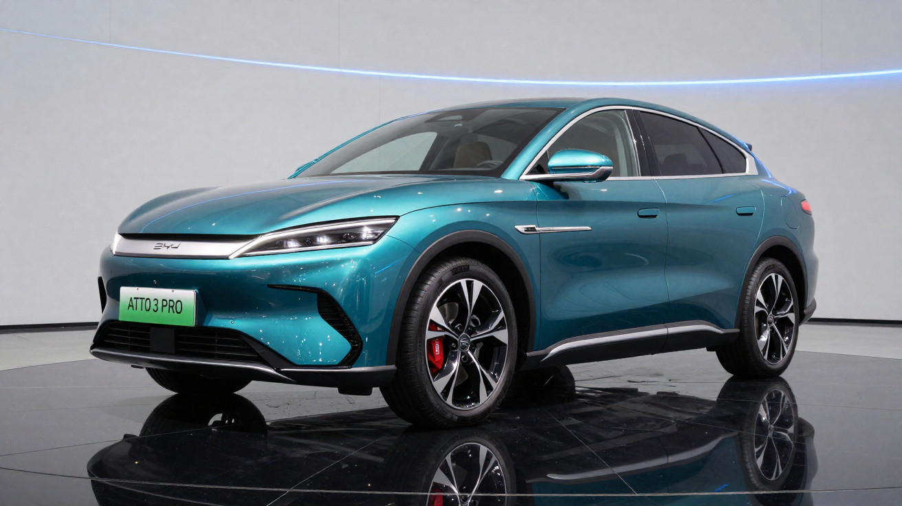 Carro elétrico BYD Atto 3 Pro azul exibido em estúdio com fundo cinza claro.