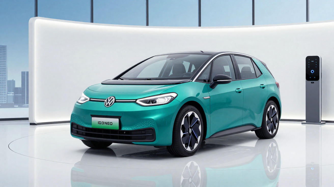 Carro elétrico Volkswagen ID.3 Neo verde em exposição moderna com estação de recarga ao lado.
