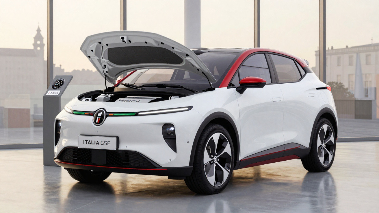 Carro elétrico branco e vermelho com capô aberto em ambiente interno moderno e iluminado.